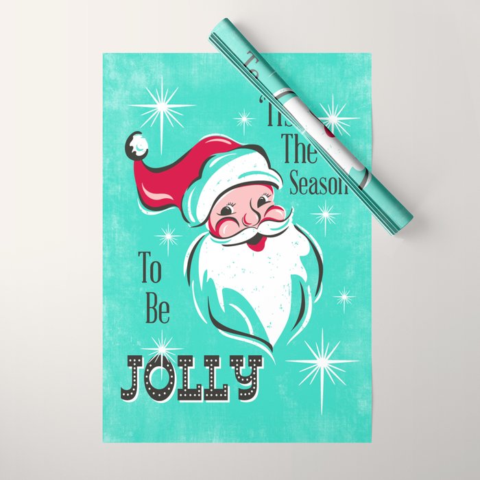 'Tis The Season - Retro Santa Aqua Colorful Wrapping Paper Gallery Image 1