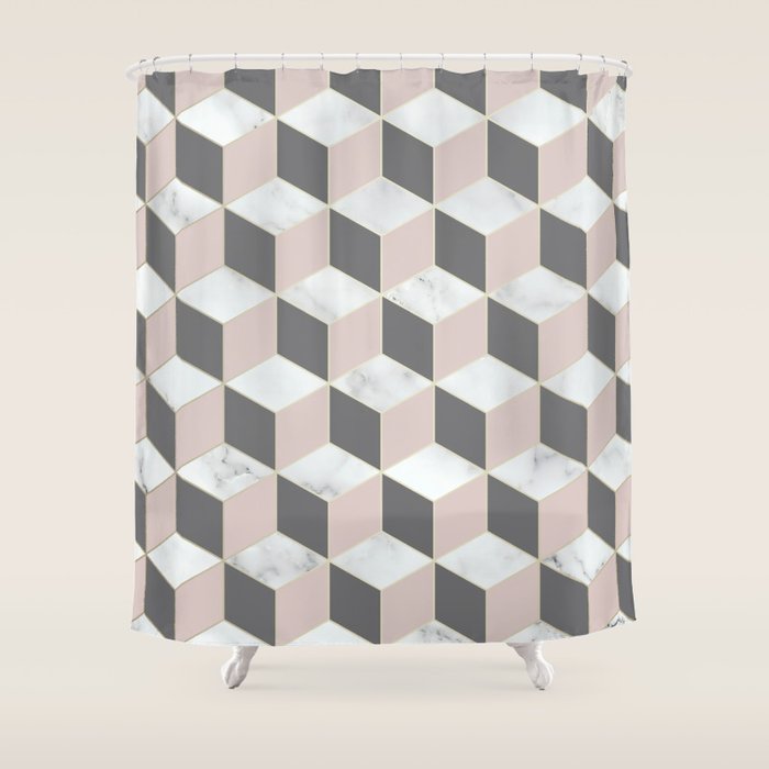 Geometric Art, Marble, Blush Pink, Gray, Abstract Art Shower Curtain Gallery Image 1