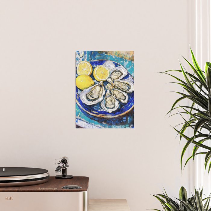 Oysters with Lemons on Blue Plate Watercolor Poster Gallery Image 2