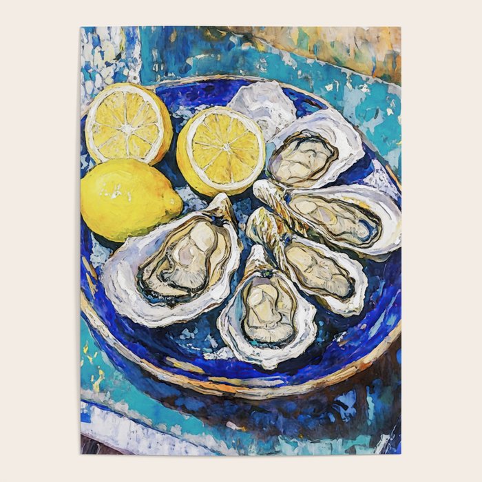 Oysters with Lemons on Blue Plate Watercolor Poster Gallery Image 4