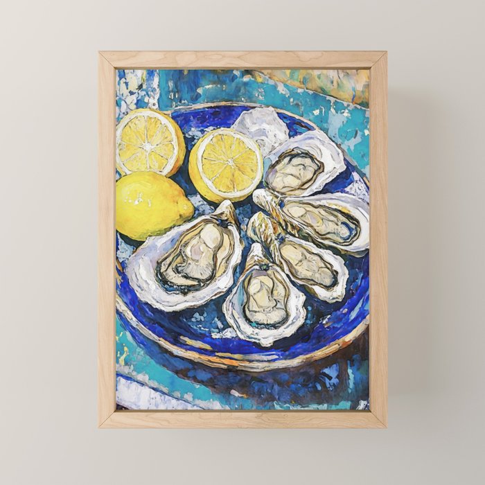 Oysters with Lemons on Blue Plate Watercolor Mini Art Print Gallery Image 1