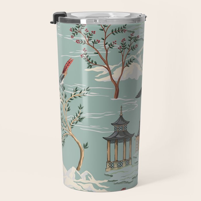Vintage Chinoiserie Pastel Pagoda Bridge Garden Landscape Travel Mug Gallery Image 3