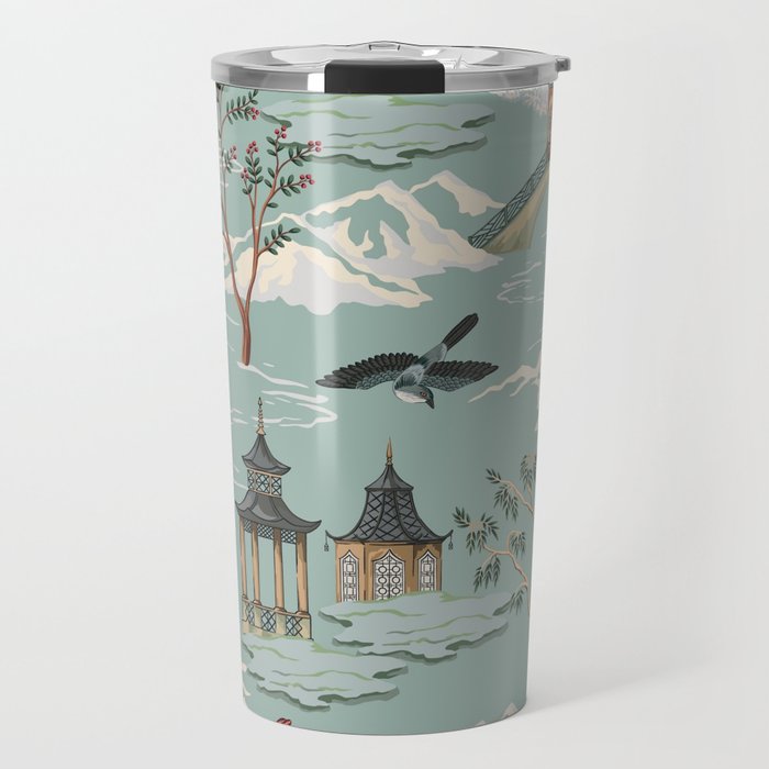 Vintage Chinoiserie Pastel Pagoda Bridge Garden Landscape Travel Mug Gallery Image 1