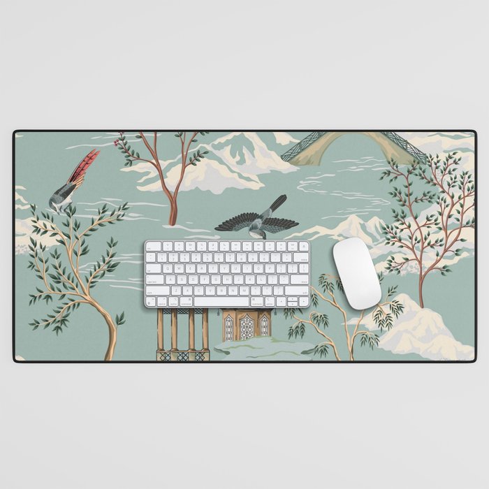 Vintage Chinoiserie Pastel Pagoda Bridge Garden Landscape Desk Mat Gallery Image 1