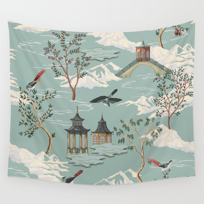 Vintage Chinoiserie Pastel Pagoda Bridge Garden Landscape Wall Tapestry Gallery Image 4