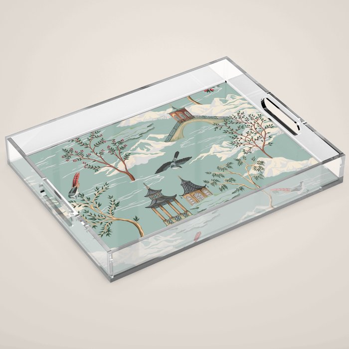 Vintage Chinoiserie Pastel Pagoda Bridge Garden Landscape Acrylic Tray Gallery Image 1
