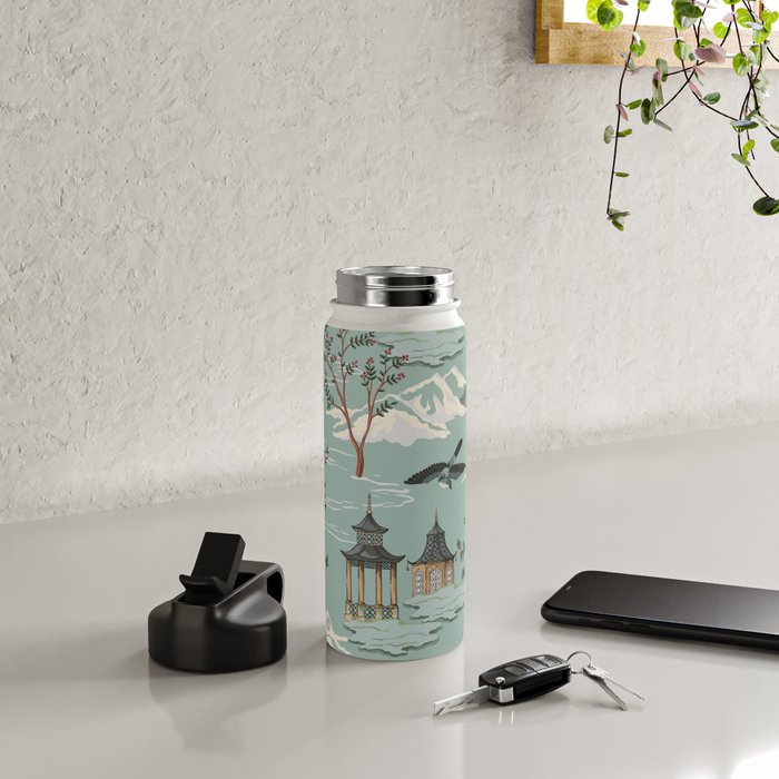 Vintage Chinoiserie Pastel Pagoda Bridge Garden Landscape Water Bottle Gallery Image 4