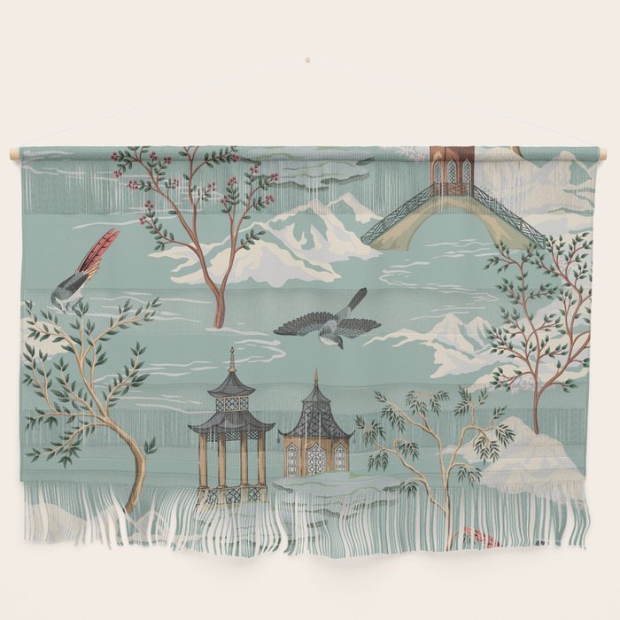 Vintage Chinoiserie Pastel Pagoda Bridge Garden Landscape Wall Hanging Gallery Image 1