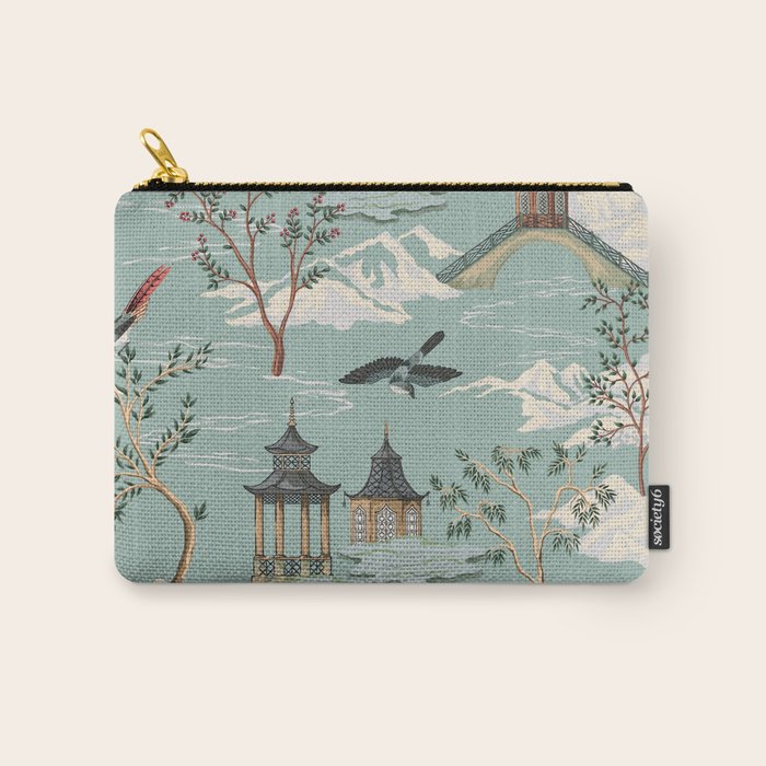Vintage Chinoiserie Pastel Pagoda Bridge Garden Landscape Carry All Pouch Gallery Image 1