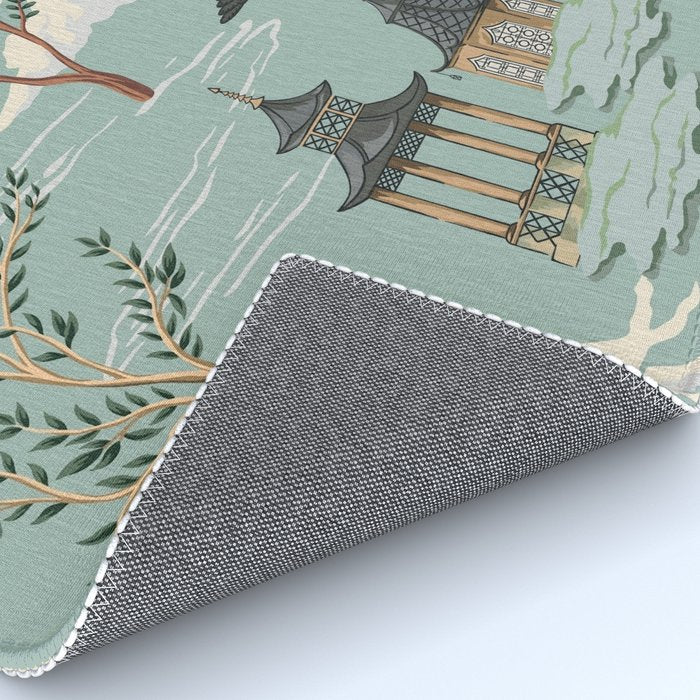 Vintage Chinoiserie Pastel Pagoda Bridge Garden Landscape Rug Gallery Image 4