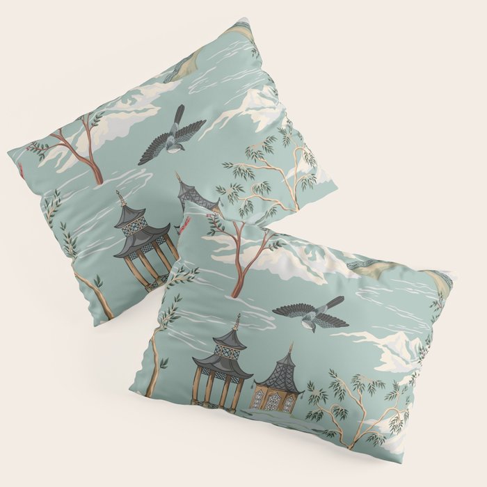 Vintage Chinoiserie Pastel Pagoda Bridge Garden Landscape Pillow Sham Gallery Image 1