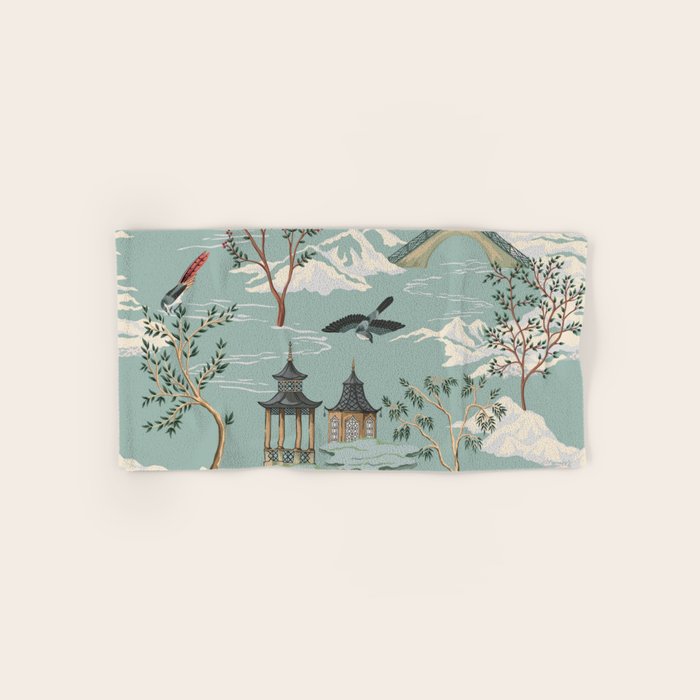 Vintage Chinoiserie Pastel Pagoda Bridge Garden Landscape Bath Towel Gallery Image 1