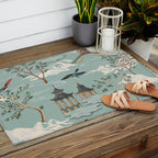 Vintage Chinoiserie Pastel Pagoda Bridge Garden Landscape Outdoor Rug Gallery Image 2