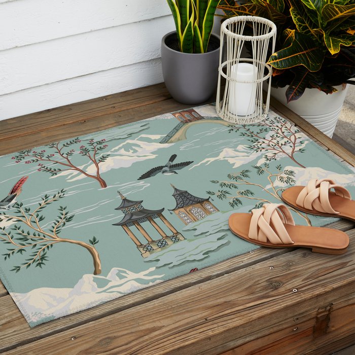 Vintage Chinoiserie Pastel Pagoda Bridge Garden Landscape Outdoor Rug Gallery Image 2