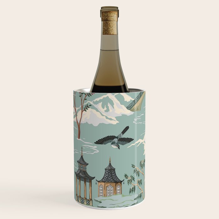 Vintage Chinoiserie Pastel Pagoda Bridge Garden Landscape Wine Chiller Gallery Image 1