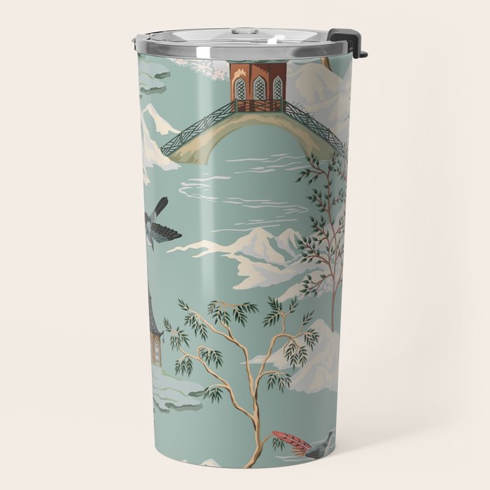 Vintage Chinoiserie Pastel Pagoda Bridge Garden Landscape Travel Mug Gallery Image 2