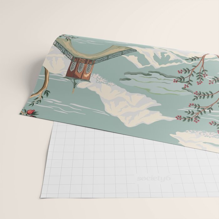 Vintage Chinoiserie Pastel Pagoda Bridge Garden Landscape Wrapping Paper Gallery Image 2