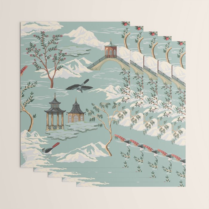 Vintage Chinoiserie Pastel Pagoda Bridge Garden Landscape Wrapping Paper Gallery Image 3