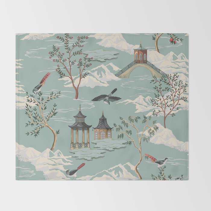 Vintage Chinoiserie Pastel Pagoda Bridge Garden Landscape Throw Blanket Gallery Image 2