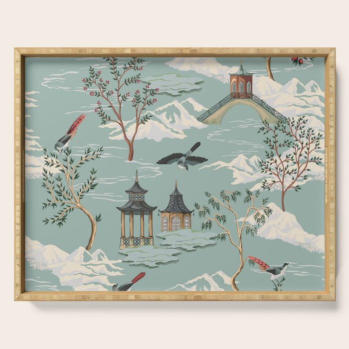 Vintage Chinoiserie Pastel Pagoda Bridge Garden Landscape Serving Tray Gallery Image 1