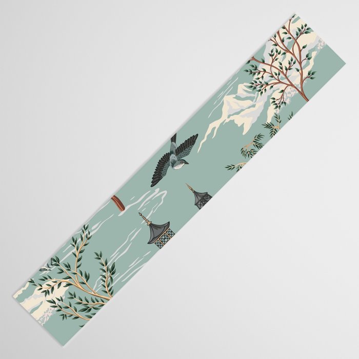 Vintage Chinoiserie Pastel Pagoda Bridge Garden Landscape Table Runner Gallery Image 3