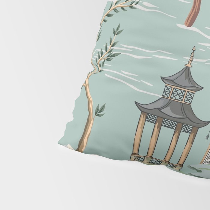 Vintage Chinoiserie Pastel Pagoda Bridge Garden Landscape Pillow Sham Gallery Image 4