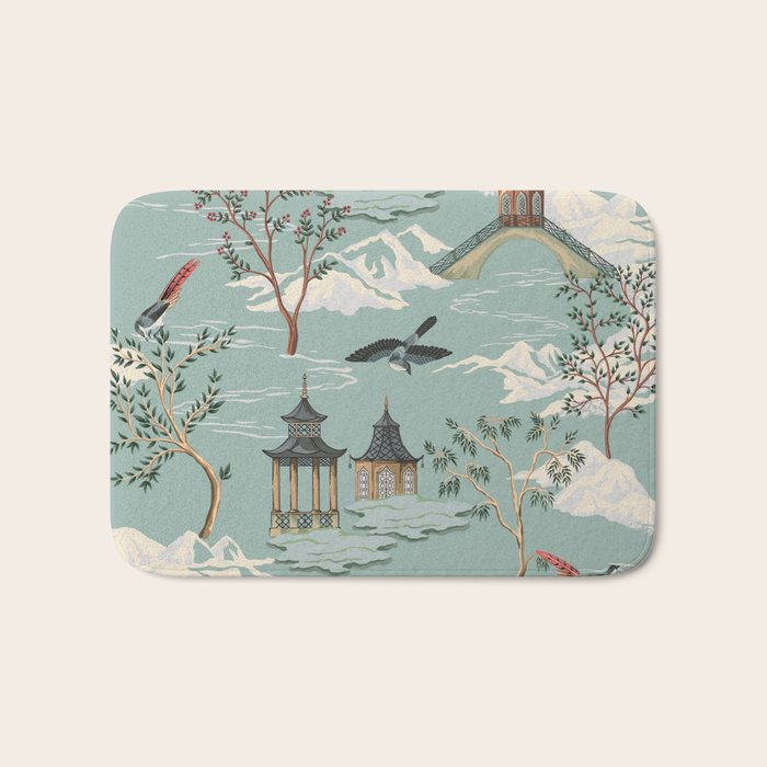 Vintage Chinoiserie Pastel Pagoda Bridge Garden Landscape Bath Mat Gallery Image 1