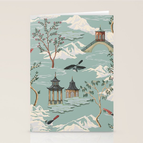 Vintage Chinoiserie Pastel Pagoda Bridge Garden Landscape Stationery Card Gallery Image 2