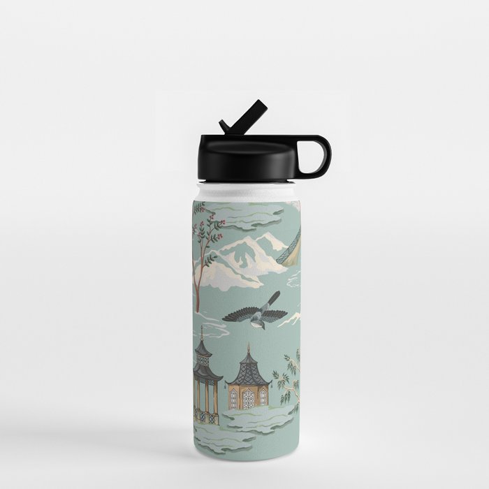 Vintage Chinoiserie Pastel Pagoda Bridge Garden Landscape Water Bottle Gallery Image 1