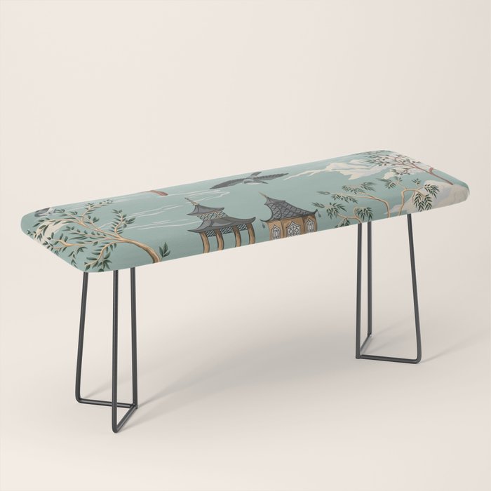 Vintage Chinoiserie Pastel Pagoda Bridge Garden Landscape Bench Gallery Image 1