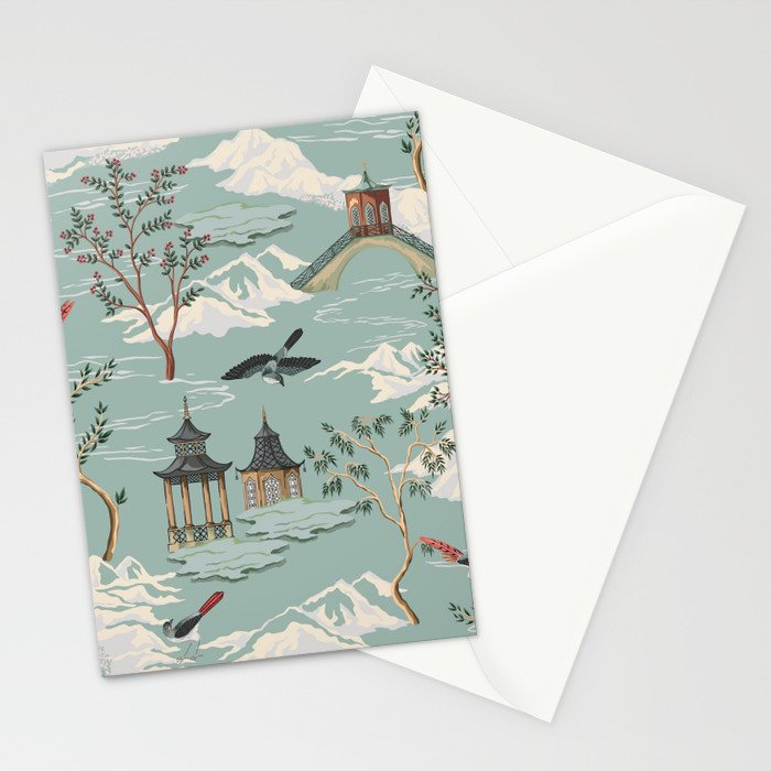 Vintage Chinoiserie Pastel Pagoda Bridge Garden Landscape Stationery Card Gallery Image 2