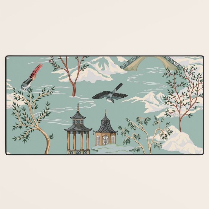 Vintage Chinoiserie Pastel Pagoda Bridge Garden Landscape Desk Mat Gallery Image 3