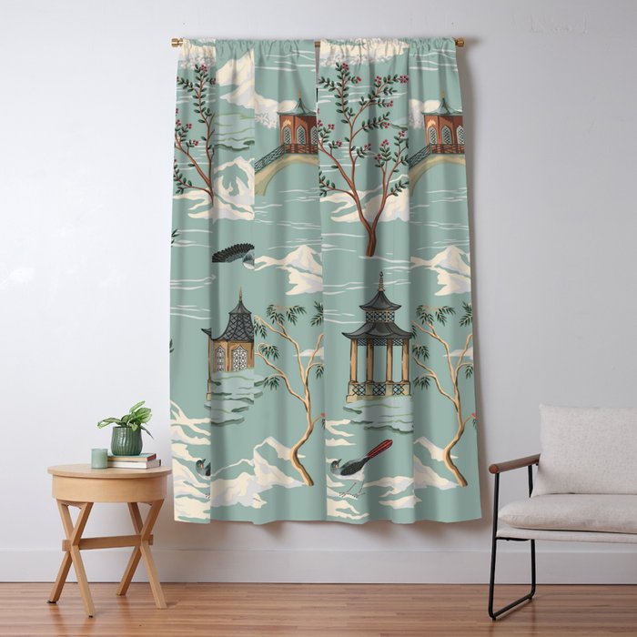 Vintage Chinoiserie Pastel Pagoda Bridge Garden Landscape Window Curtain Gallery Image 5