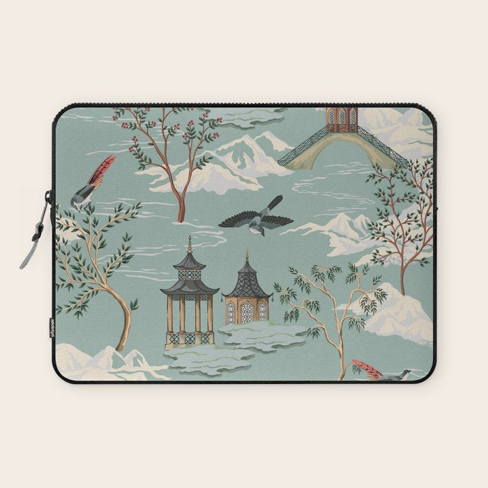 Vintage Chinoiserie Pastel Pagoda Bridge Garden Landscape Laptop Sleeve Gallery Image 1