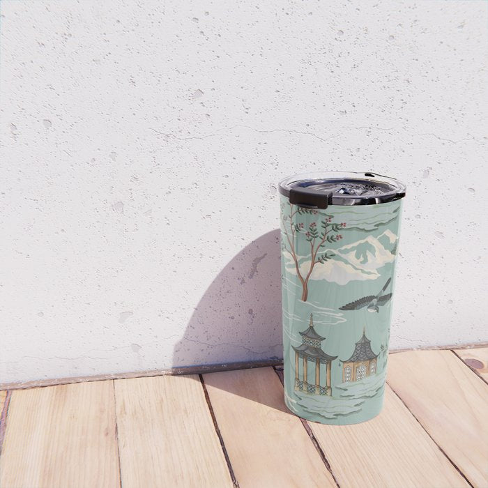 Vintage Chinoiserie Pastel Pagoda Bridge Garden Landscape Travel Mug Gallery Image 4