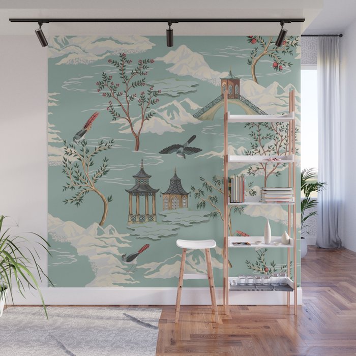 Vintage Chinoiserie Pastel Pagoda Bridge Garden Landscape Wall Mural Gallery Image 1