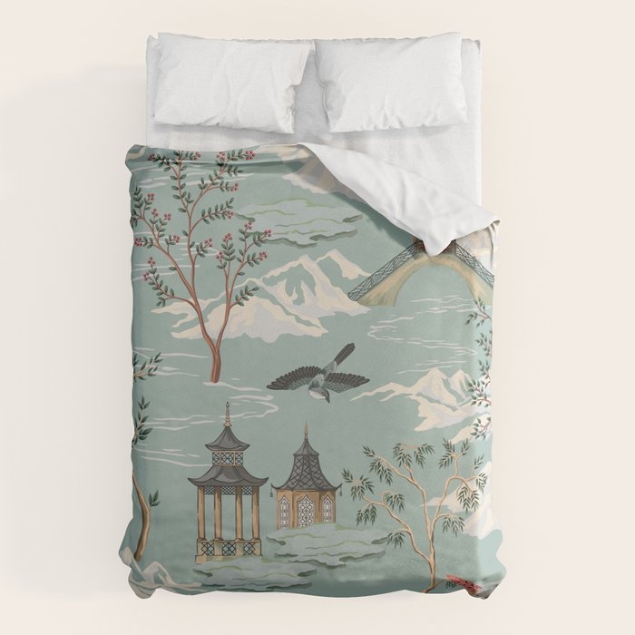 Vintage Chinoiserie Pastel Pagoda Bridge Garden Landscape Duvet Cover Gallery Image 6