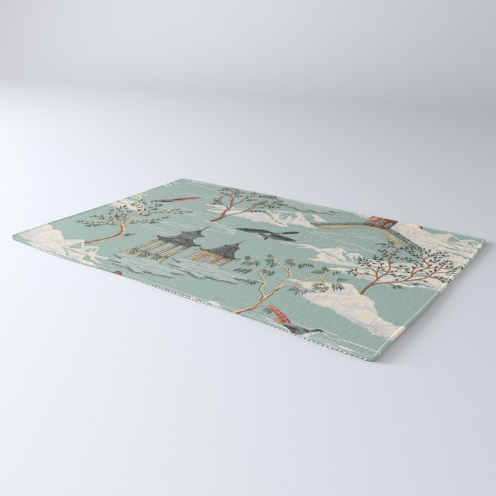 Vintage Chinoiserie Pastel Pagoda Bridge Garden Landscape Rug Gallery Image 3