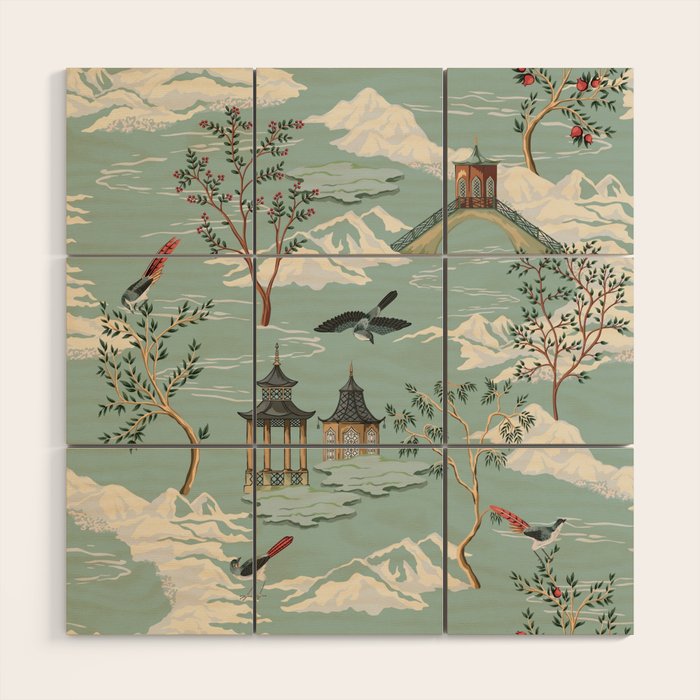 Vintage Chinoiserie Pastel Pagoda Bridge Garden Landscape Wood Wall Art Gallery Image 1