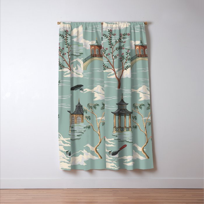 Vintage Chinoiserie Pastel Pagoda Bridge Garden Landscape Window Curtain Gallery Image 3