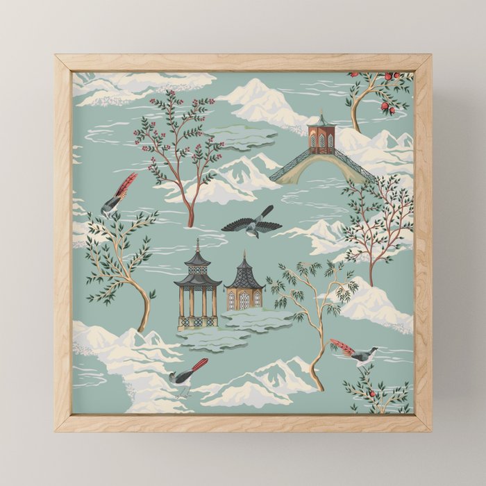 Vintage Chinoiserie Pastel Pagoda Bridge Garden Landscape Mini Art Print Gallery Image 1