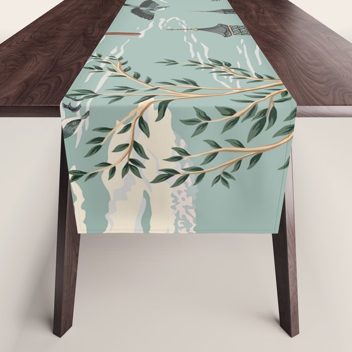 Vintage Chinoiserie Pastel Pagoda Bridge Garden Landscape Table Runner Gallery Image 1