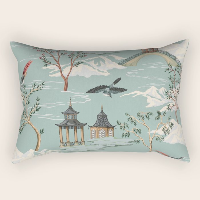 Vintage Chinoiserie Pastel Pagoda Bridge Garden Landscape Rectangular Pillow Gallery Image 1