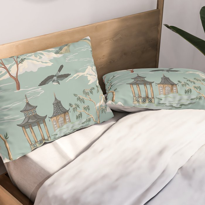 Vintage Chinoiserie Pastel Pagoda Bridge Garden Landscape Pillow Sham Gallery Image 2
