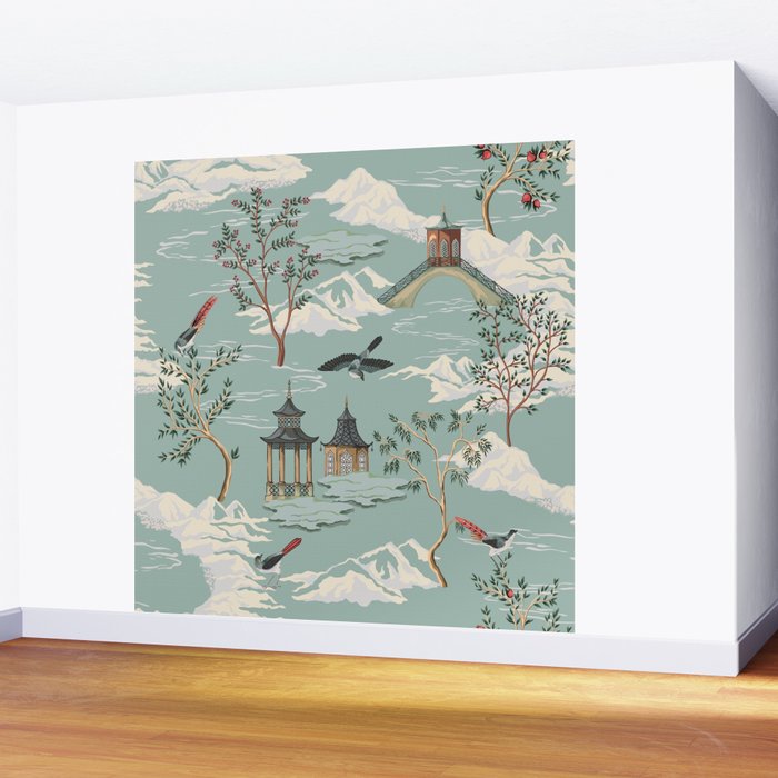 Vintage Chinoiserie Pastel Pagoda Bridge Garden Landscape Wall Mural Gallery Image 2