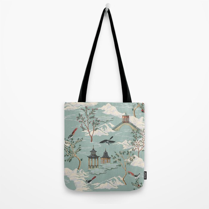 Vintage Chinoiserie Pastel Pagoda Bridge Garden Landscape Tote Bag Gallery Image 2