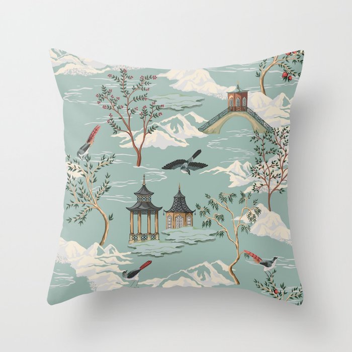 Vintage Chinoiserie Pastel Pagoda Bridge Garden Landscape Throw Pillow Gallery Image 6