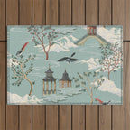 Vintage Chinoiserie Pastel Pagoda Bridge Garden Landscape Outdoor Rug Gallery Image 1