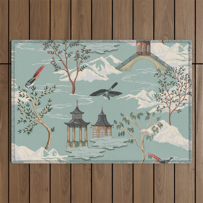 Vintage Chinoiserie Pastel Pagoda Bridge Garden Landscape Outdoor Rug Gallery Image 1
