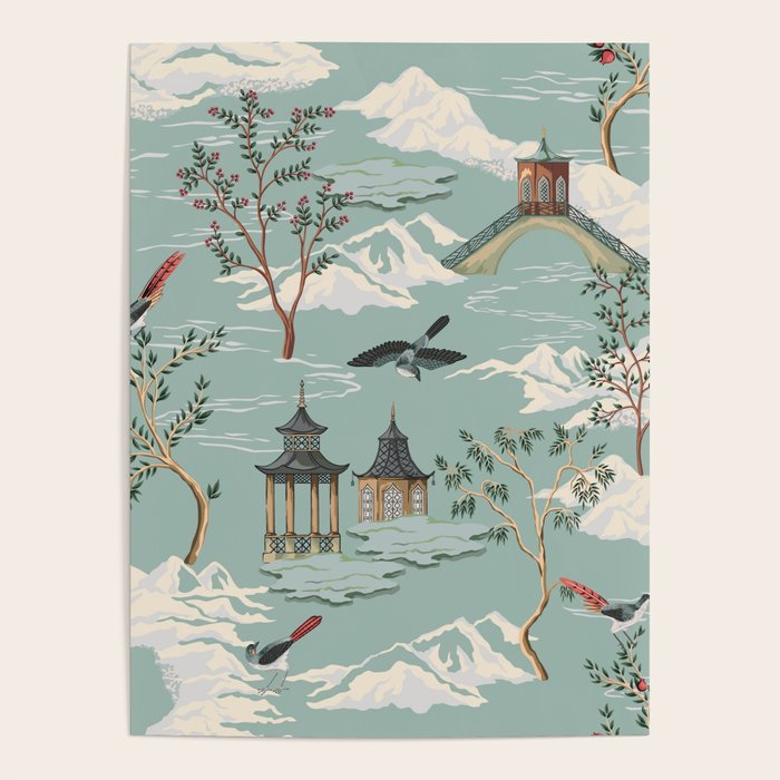 Vintage Chinoiserie Pastel Pagoda Bridge Garden Landscape Poster Gallery Image 1